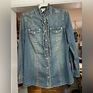 Tasha Polizzi Denim Western Ruffled Pearl Snap Shirt